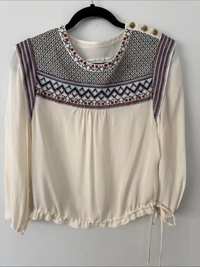 Veronica Beard Cream Embroidered Yoke Peasant Top